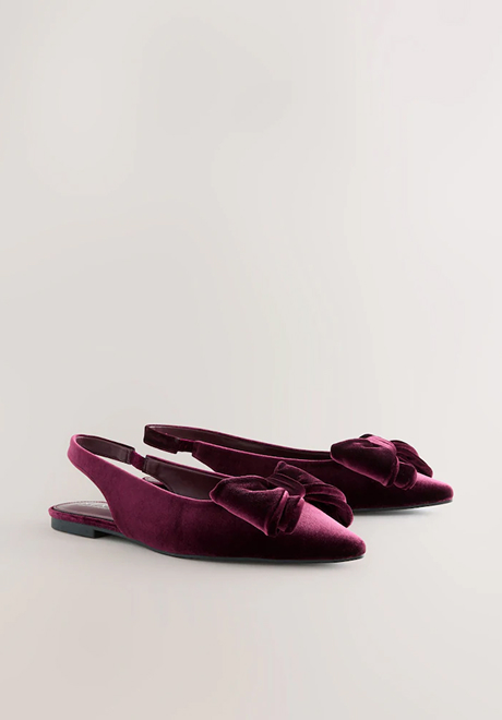 Burgundy red velvet point toe bow slingback flat shoes